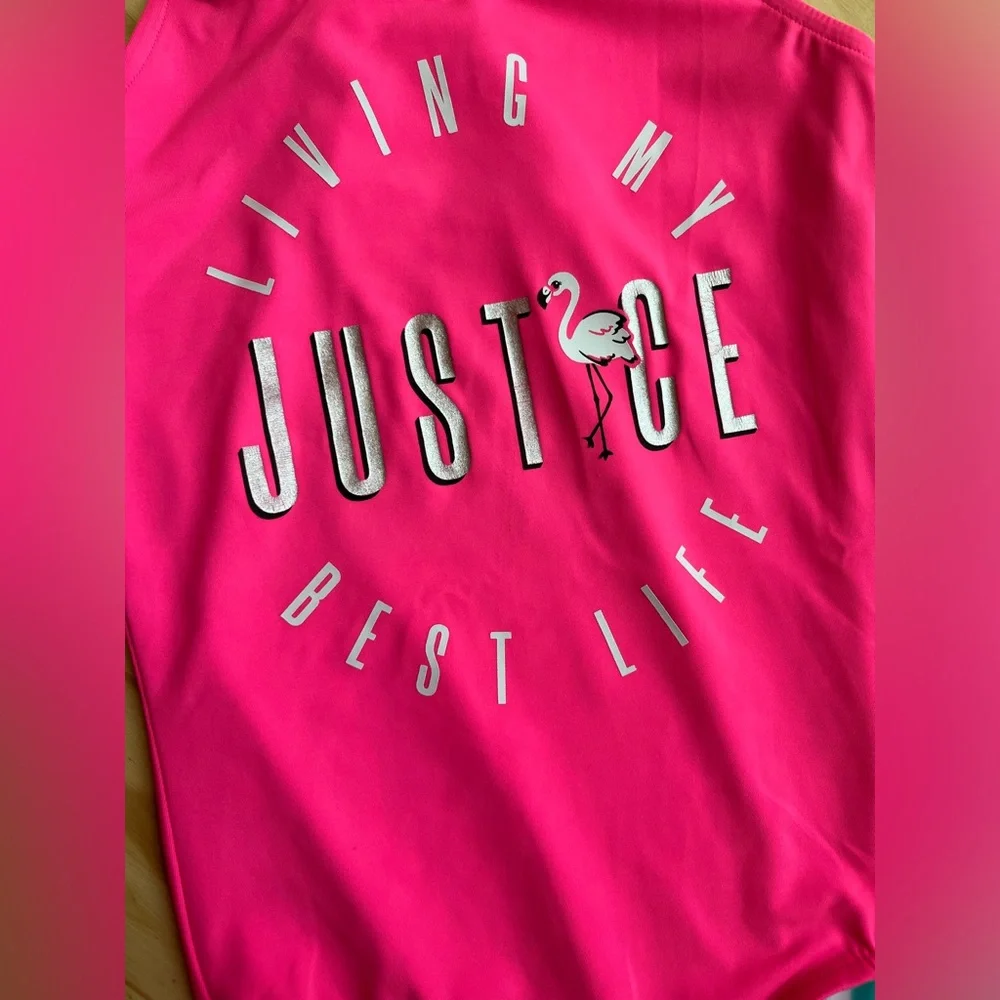 Girls Bright Pink & Rainbow Stripe Reversible Justice Swim Suit Sz 10/12